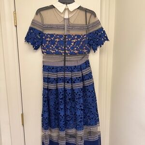 Self-Portrait Blue Lace midi dress with white collar